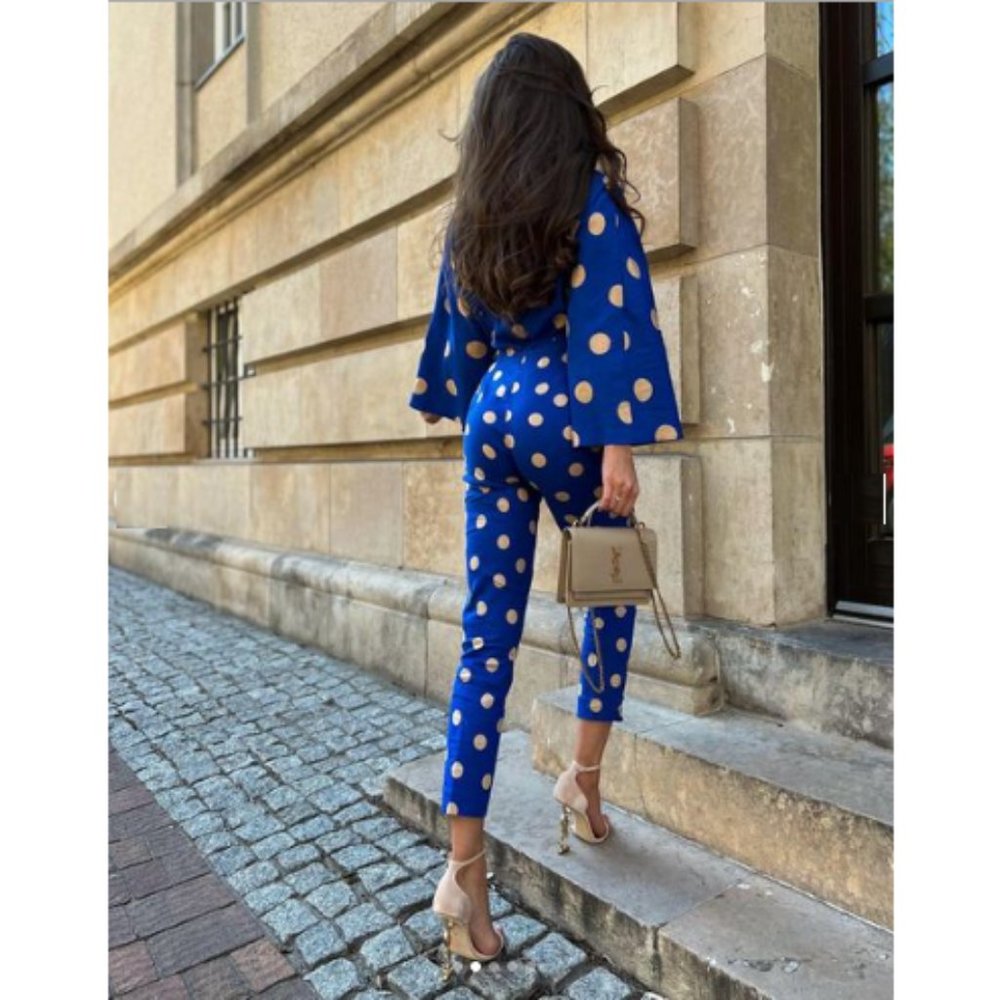 BLOGGER'S FAVE! Zara 2 Piece Pants Set And Top Blue White Polka Dot NWT - Picture 10 of 17